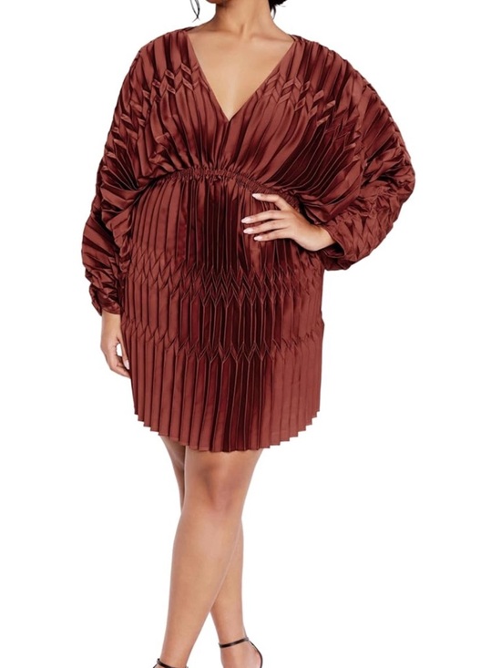 City Chic Dresses & Skirts - City Chic Rust Pleated V-Neck Long Sleeve Dress